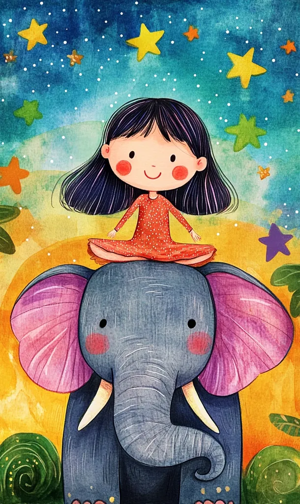 A cute cartoon girl with long black hair is sitting on the back of a gray elephant. She is wearing a red dress with white polka dots and has rosy cheeks and a big smile. The elephant has large pink ears, small white tusks, and a gentle expression. The background is a whimsical watercolor scene with yellow, blue, and green colors, filled with stars and other abstract shapes. The image suggests a playful and whimsical world.