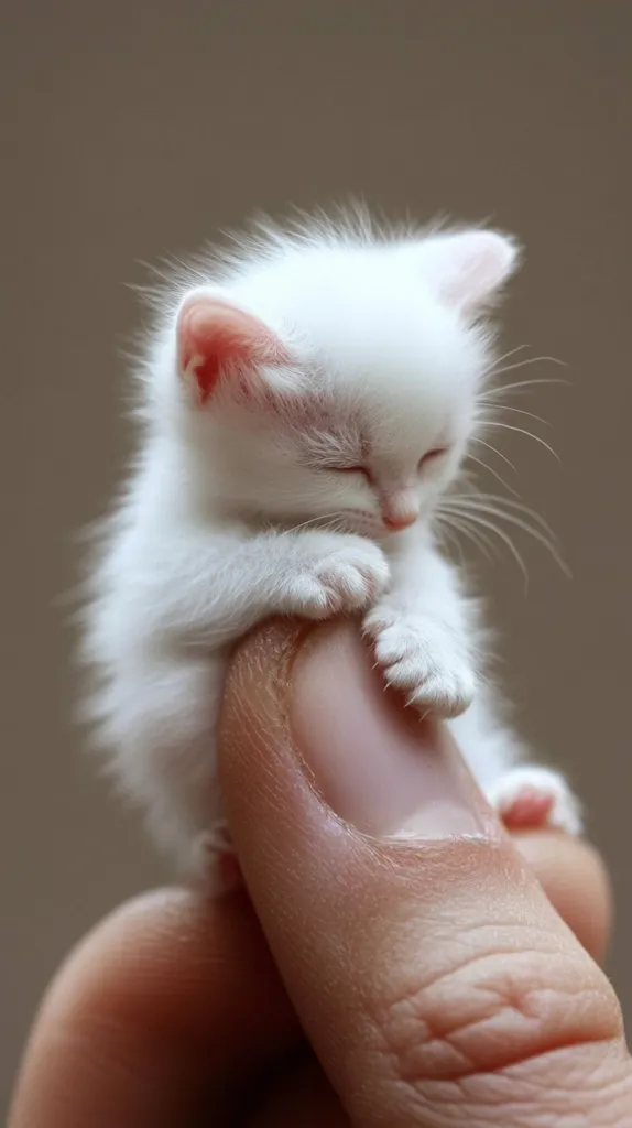 A tiny white kitten, barely bigger than a human thumb, is cradled in a person's hand. The kitten is curled up, with its eyes closed and its paws tucked in. Its soft white fur is incredibly fluffy, and its pink nose and ears are visible. The image evokes a sense of tenderness and fragility, highlighting the kitten's tiny size and delicate features.
