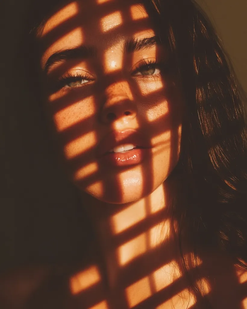 A close-up shot of a woman's face, partially obscured by the shadows of a window blind. The light casts horizontal lines across her features, highlighting her eyes and lips. Her expression is serene, creating a soft and intimate portrait.