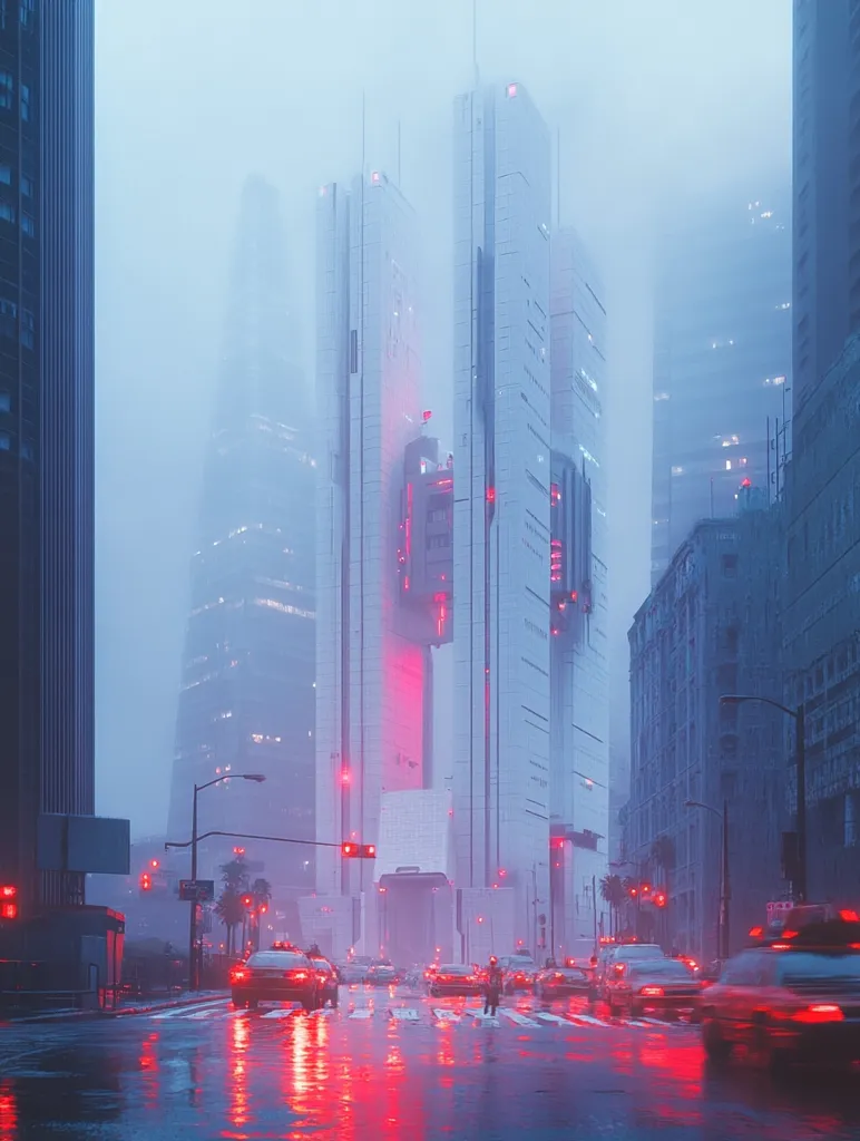 A futuristic city street is shrouded in fog, with tall, white buildings towering on either side. The street is wet from recent rain, reflecting the red glow of neon lights. Cars move slowly through the dense mist, their headlights barely visible. A lone figure walks in the middle of the road, dwarfed by the scale of the city. The scene is both beautiful and unsettling, suggesting a world both technologically advanced and oddly deserted.