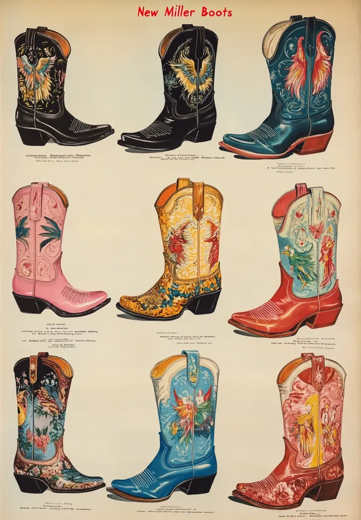 The image shows a vintage advertisement for New Miller Boots. It features nine different pairs of cowboy boots, each with unique floral and bird designs. The boots are all presented in a vibrant and colorful style, with descriptions of their details and materials. The advertisement likely targets customers interested in stylish and well-crafted footwear.