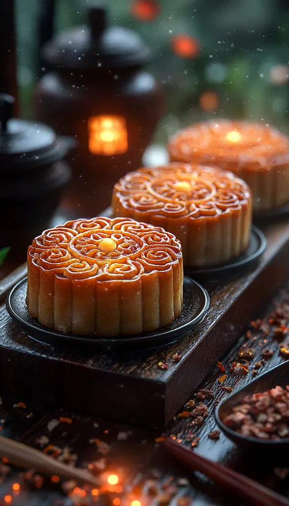 Three mooncakes, a traditional Chinese pastry, are arranged on a wooden tray. The mooncakes are round and have a decorative pattern on top, and they are illuminated by warm, golden light. The tray sits on a dark wooden table, and there are loose tea leaves scattered around. The image has a warm and inviting feel, suggesting a celebratory occasion.