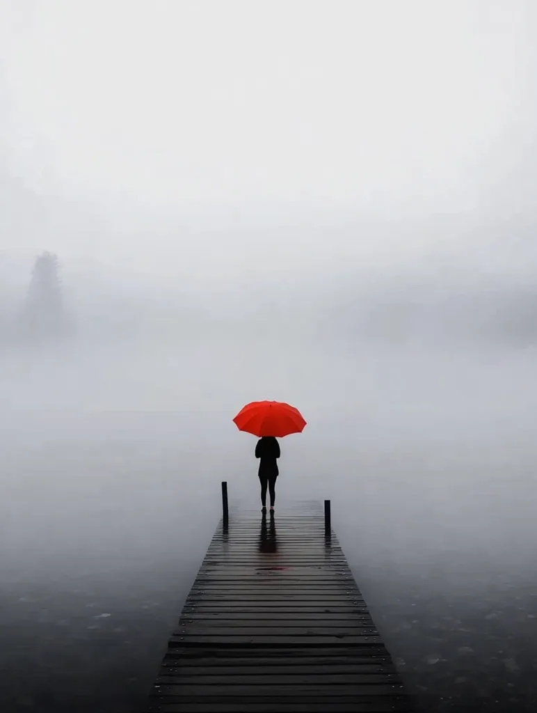 A lone figure stands on a wooden dock, shrouded in mist, holding a bright red umbrella. The water stretches out before them, barely visible through the thick fog. The scene evokes a sense of solitude and mystery, with the lone figure as the sole point of focus against the vast emptiness. The contrast between the vibrant red umbrella and the gray surroundings emphasizes the figure's presence and the sense of isolation.