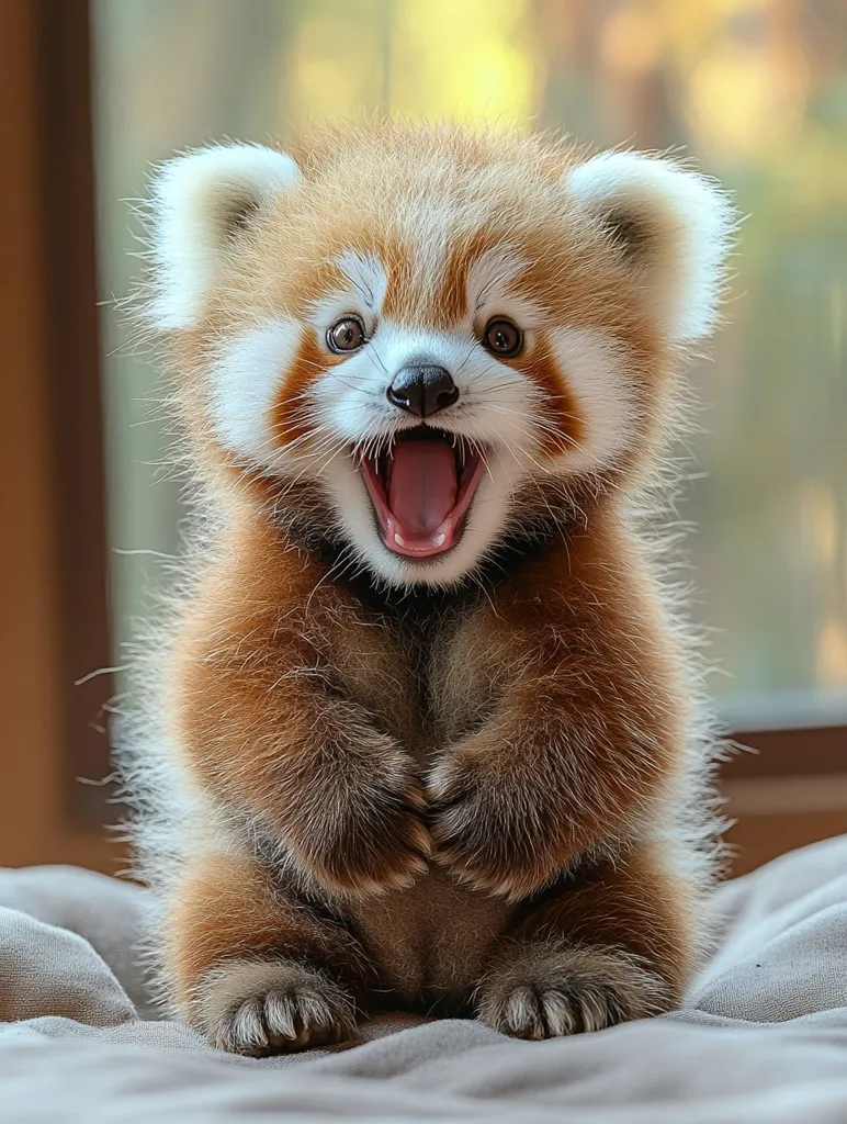 A cute red panda cub sits on a soft gray surface, its big eyes wide with curiosity. The cub's mouth is open in a playful, almost surprised expression, revealing its tiny teeth. The fur on its body is a blend of soft orange and white, giving it a cuddly appearance. Its paws are tucked in front of it, emphasizing its small size. The backdrop is a blurred image of a window, suggesting the cub is enjoying a moment of indoor relaxation.
