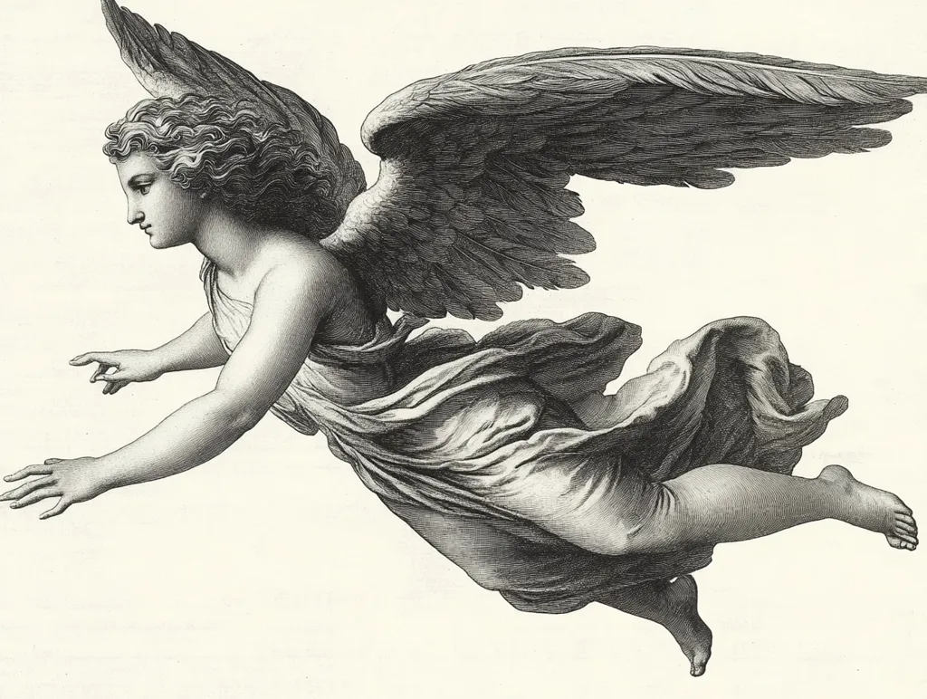 A black and white engraving depicts an angel with large feathered wings outstretched, flying in a horizontal direction. The angel has long flowing hair and a loose flowing gown. The angel's left hand is outstretched in front of them. The engraving is done in a detailed and realistic style.