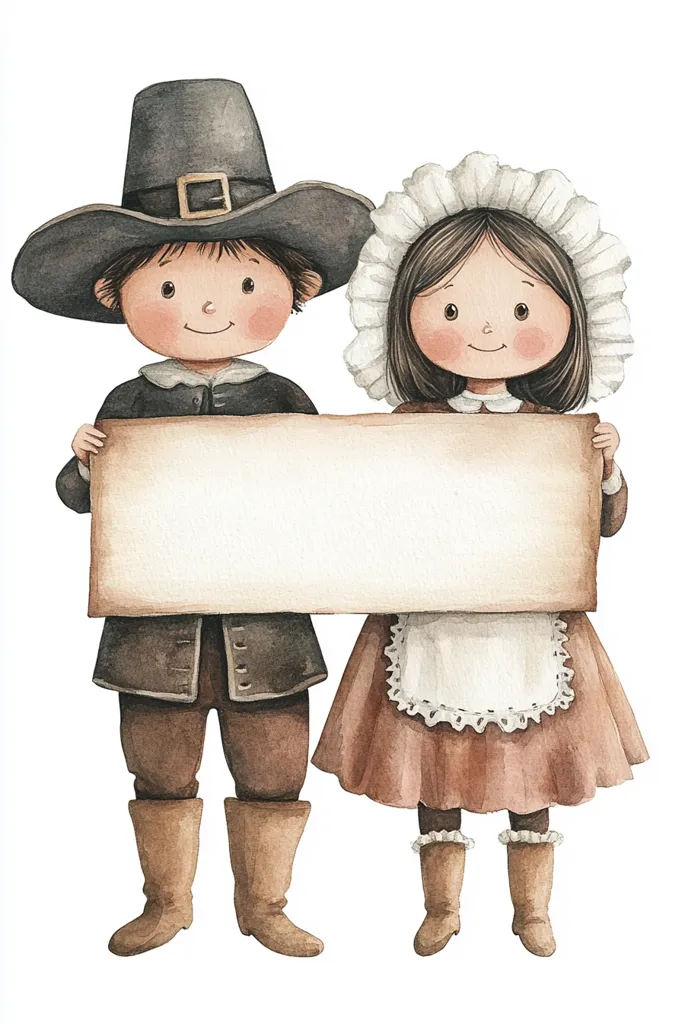 Two children dressed in Pilgrim clothing are holding a blank sign. The boy wears a black hat and brown coat and pants. The girl wears a white bonnet and a brown dress with a white apron. They are smiling, and the sign is blank. The image is done in a watercolor style.