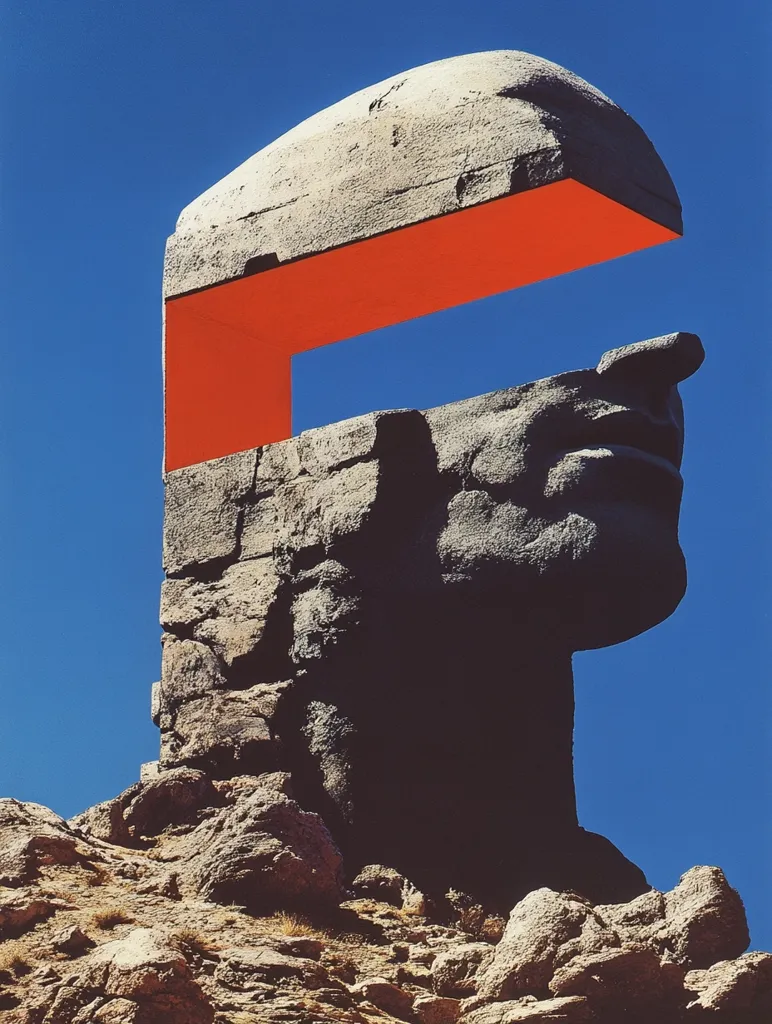 The image shows a large rock formation that resembles a human head with a bright red, rectangular structure protruding from the top, creating an illusion of a missing brain. The sculpture is set against a clear blue sky and is partially obscured by surrounding rocks and foliage. The piece appears to be a modern art installation that reflects on the human mind and its complexity.  The contrast between the rough stone and the vibrant red color adds to the artwork's symbolic nature.