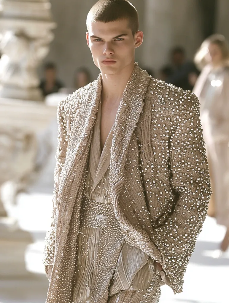 A male model is wearing a light-colored suit adorned with delicate beading.  The suit is open at the chest, revealing a matching inner garment.  The model has a short, buzzed haircut, and a serious expression on his face.  The background is blurry and out of focus, suggesting an indoor fashion show setting.