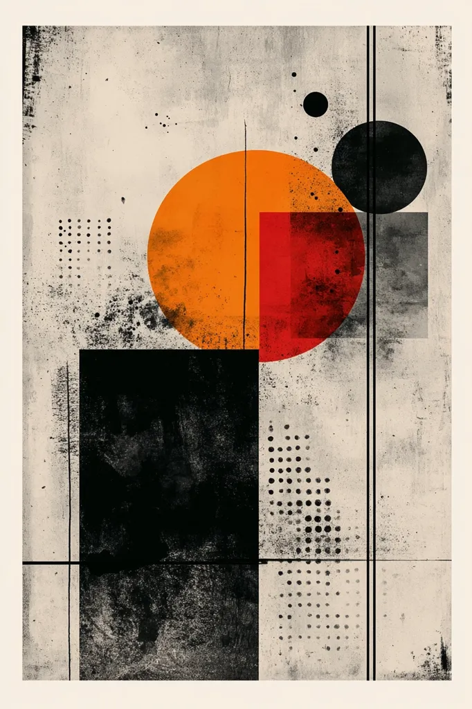 The image is an abstract composition featuring geometric shapes and a textured background.  A large orange circle partially overlaps a red rectangle.  Two black squares, one smaller than the other, are placed to the right.  A few scattered dots, a black circle, and vertical black lines complete the design.  The texture appears to be a textured paper or canvas background. The overall effect is one of simple, bold geometry and  a sense of  contrast and balance.