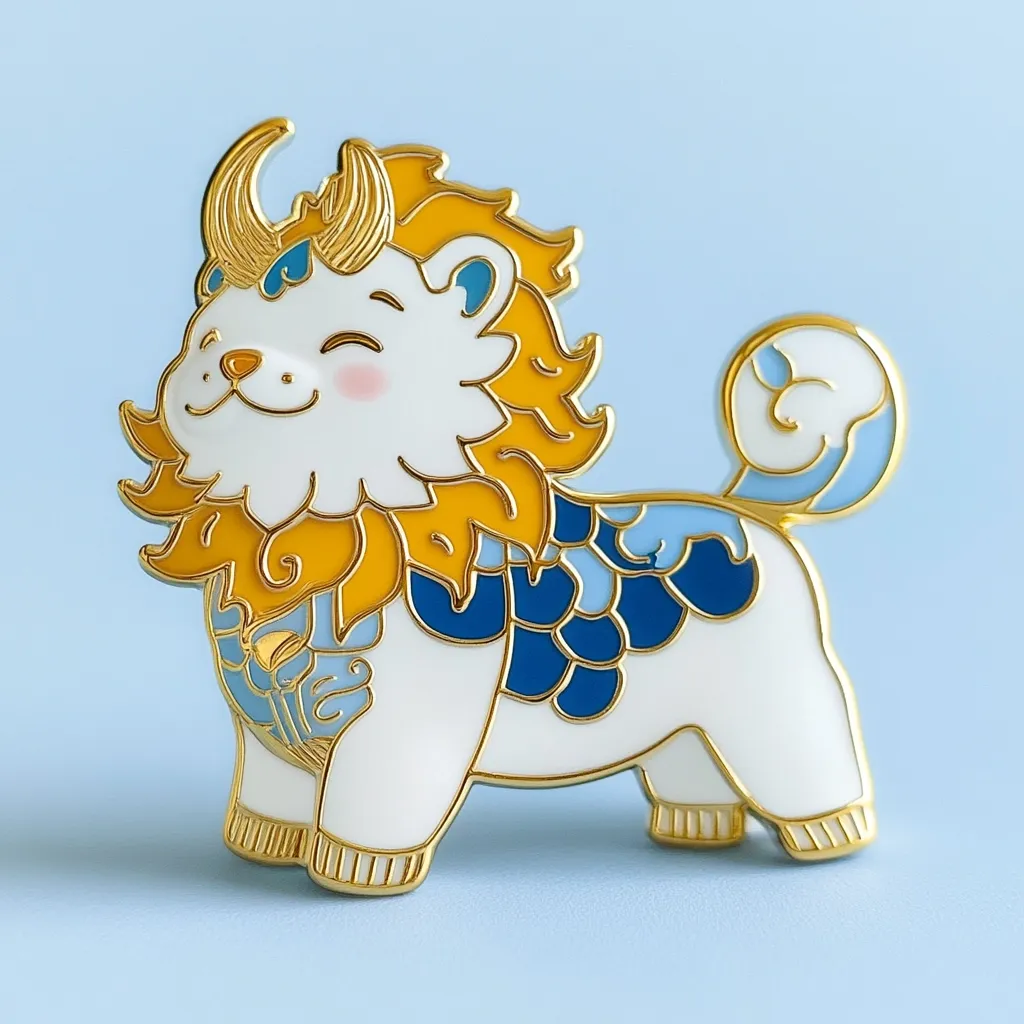 A white lion with a golden mane and blue and gold scales on its body stands with a happy expression. It has a curled tail and a single horn. The lion is depicted in a cartoonish style, with large eyes and a wide grin. It appears to be a pin or badge, possibly representing a mythical creature. The background is a light blue.