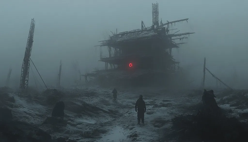 The image depicts a desolate, foggy landscape with a large, dilapidated structure in the distance. The structure appears to be a skeletal remains of some sort of building or tower, with a red light emanating from its center. Three figures are silhouetted in the foreground, walking towards the structure. The atmosphere is eerie and unsettling, suggesting a post-apocalyptic or dystopian world.  The scene is shrouded in thick fog, which adds to the feeling of isolation and mystery.  The overall tone is one of unease and uncertainty.