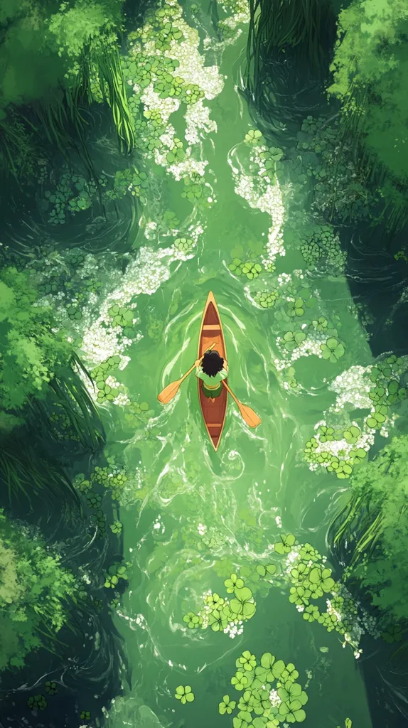 A single person paddles a wooden canoe down a narrow, winding river. The water is clear and green, reflecting the surrounding lush vegetation. The riverbanks are lined with thick foliage, creating a tunnel of greenery. The sun's rays illuminate the scene, casting a gentle glow on the water. The image evokes a sense of peace and serenity, capturing a moment of tranquil solitude in nature.