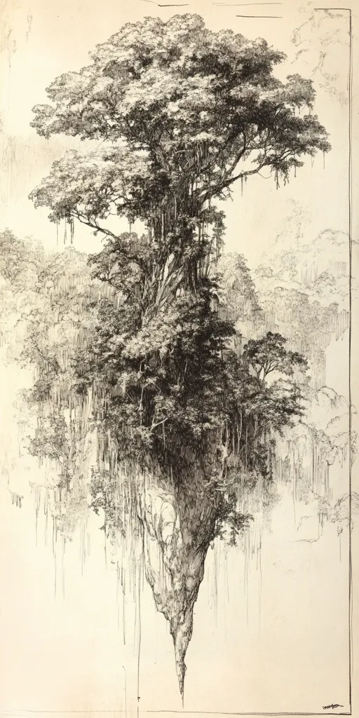 The image is a pen and ink drawing of a tree with long, hanging branches. The tree is drawn in a realistic style and appears to be growing out of a cliff or rock face. The background is a light gray, creating a sense of depth and space. The drawing is detailed and intricate, showcasing the artist's skill in capturing the texture and form of the tree. The overall impression is one of mystery and wonder, as if the tree is suspended in time and space.
