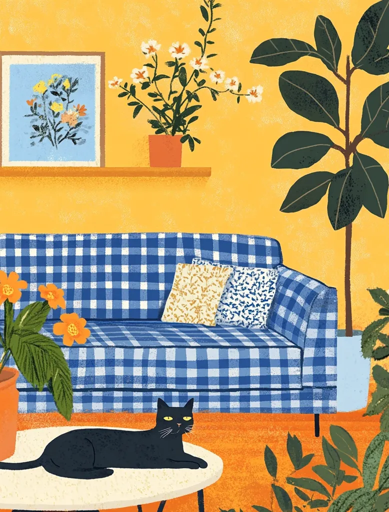 The image depicts a cozy living room with a blue and white checkered couch. A black cat sits on a white coffee table in front of the couch. A potted plant with white flowers sits on a shelf above the couch, while a large green leafy plant stands in the corner. The walls are yellow and the floor is orange. The image has a warm and inviting feel.