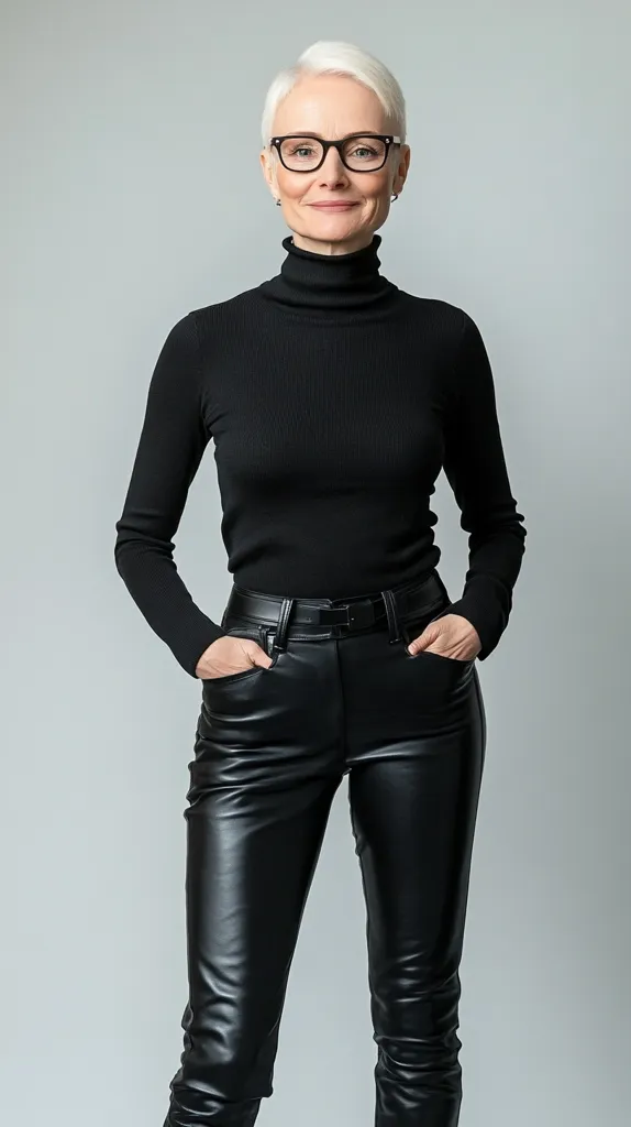 A woman with short, gray hair, wearing black framed glasses and a black turtleneck sweater, stands in front of a plain gray background, smiling subtly. She is wearing a black leather belt and black leather pants. Her hands are in her pockets.  The image is well-lit, with a soft focus.  The woman's expression is calm and confident.