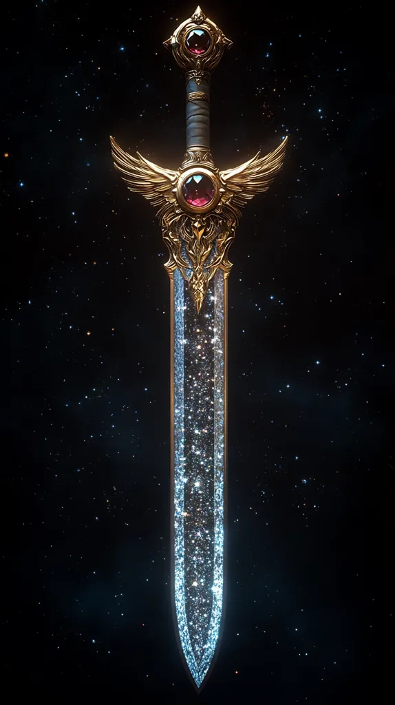 A magnificent sword with intricate golden details and wings, adorned with a large ruby at the pommel. The blade shimmers with embedded crystals, reminiscent of a starry night sky. The sword stands against a dark, celestial backdrop, creating an ethereal and powerful image.