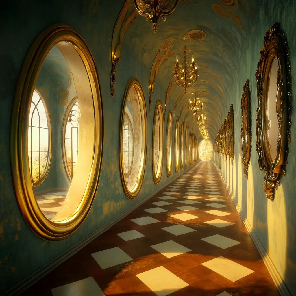 A long, ornate hallway with a checkered floor and an arched ceiling adorned with chandeliers. The walls are lined with large, oval-shaped golden mirrors, each reflecting a view of the hallway and the distant light at the end. The walls are a faded blue and green, adding to the sense of grandeur and antiquity.