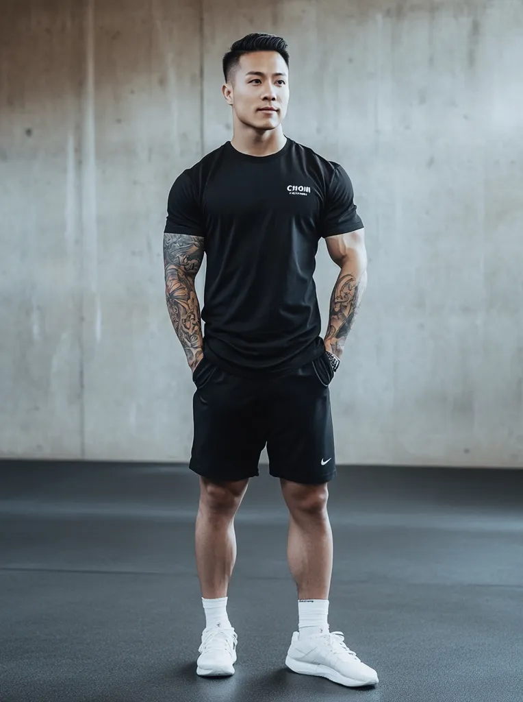 A muscular young man with tattoos on his arms stands against a concrete wall. He's wearing a black t-shirt with a white logo, black shorts with a white logo, and white sneakers. He has short black hair and is looking off to the side.  The background is a grey concrete wall.  He has a determined look on his face.