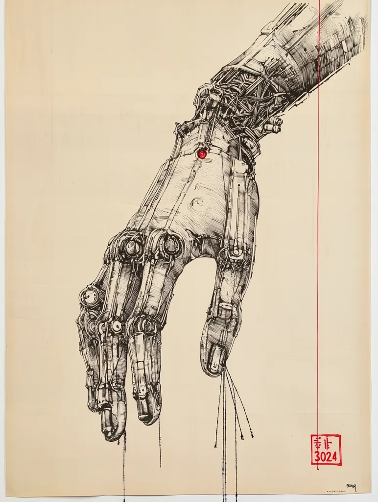 The image is a detailed pen and ink drawing of a robotic hand reaching out. The hand is intricate, with many gears and mechanisms, and appears to be made of metal. The drawing is in black and white, with a single red dot on the hand and a red stamp on the bottom right corner with the number 3024. The background is a simple beige paper. The drawing has a futuristic and industrial aesthetic, suggesting a world where machines and humans are intertwined. The image is both aesthetically pleasing and thought-provoking.