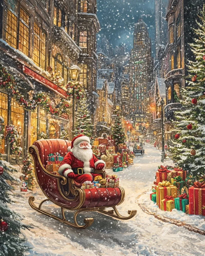 Santa Claus sits in his sleigh, filled with presents, in a snowy, festive city street. Buildings are decorated with Christmas lights and garlands, and a tall Christmas tree stands beside a pile of wrapped gifts. The scene is illuminated by streetlights and falling snow, creating a magical Christmas atmosphere.