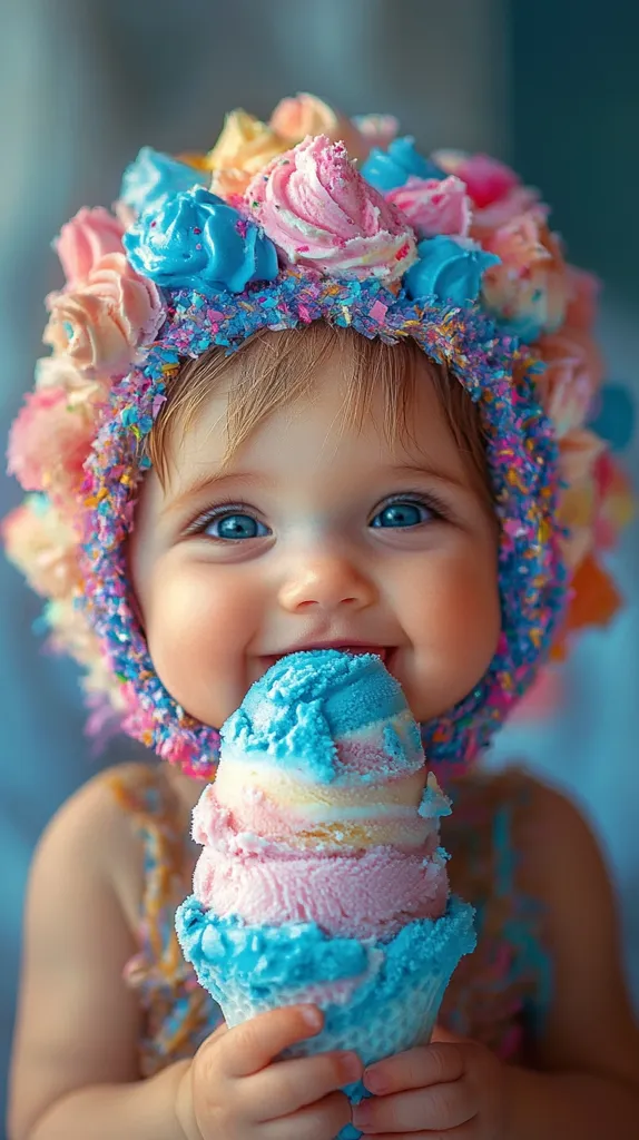 A young girl with bright blue eyes is wearing a colorful flower crown and holding a blue, pink and yellow ice cream cone. She is smiling broadly, revealing a few missing teeth, and appears to be enjoying her treat. The background is a soft, out-of-focus blue, highlighting the girl's bright smile and sweet innocence.  The image captures the joy and innocence of childhood.
