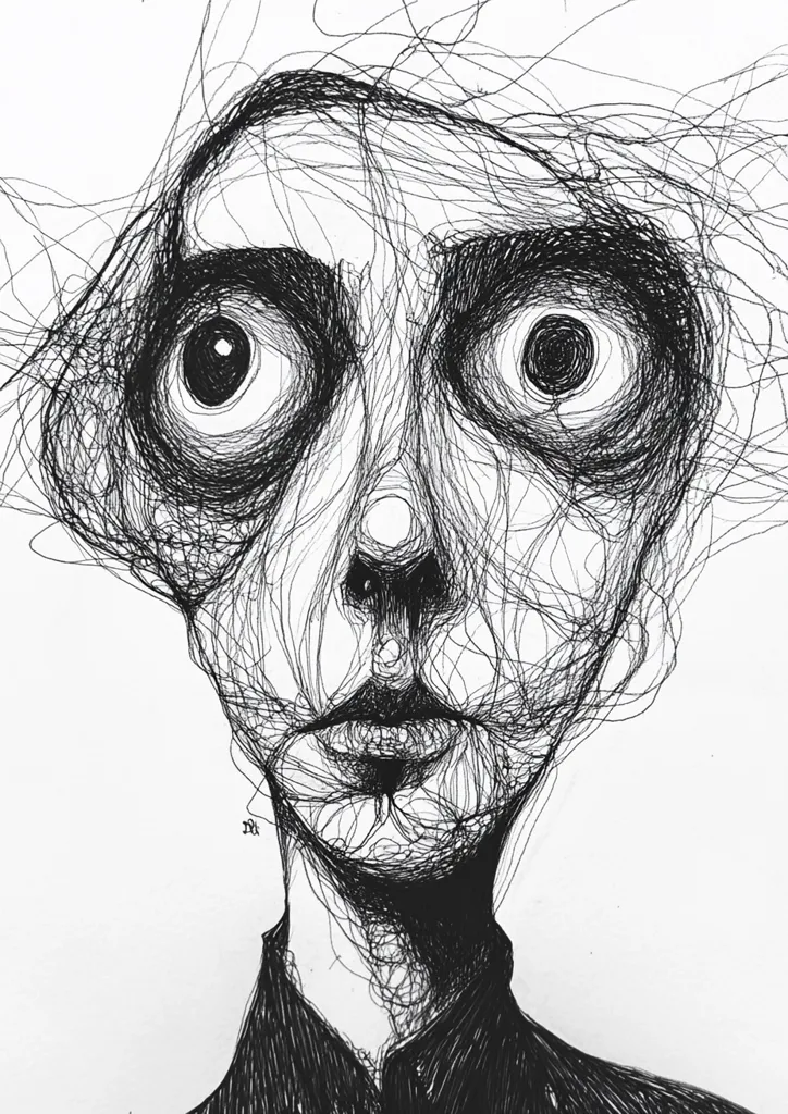 The image is a black and white pen and ink drawing of a person's face. The drawing is very detailed and intricate, with the artist using a lot of fine lines to create the texture and detail of the face. The person's eyes are wide open and their mouth is slightly open, as if they are surprised or scared.  The drawing appears to be created with one continuous line.  The lines are tangled and chaotic creating a sense of anxiety and tension.  The overall tone of the drawing is somewhat unsettling.