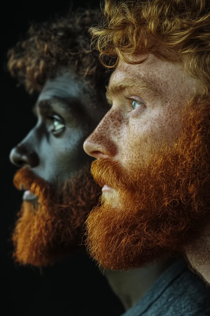 The image shows two men side by side, one with dark skin and the other with fair skin and freckles. The man with dark skin has a short beard and the man with fair skin has a long, bushy red beard. Both men have curly hair and are looking in the same direction. Their faces are close together and they appear to be in conversation. The background is dark. The image is a close-up shot, highlighting the men's facial features.  The image depicts a sense of intimacy and shared connection between the two men.  The contrast between their skin tones and beard colors creates a striking visual effect.