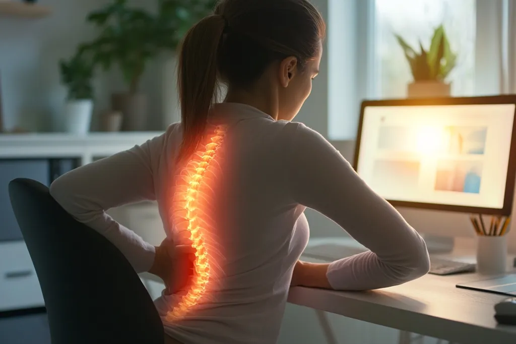 A woman sits at a desk, her back to the camera, with a glowing, red spinal column superimposed on her back. Her hand is on her lower back, indicating pain. She is likely experiencing back pain, possibly caused by prolonged sitting.  The desk is cluttered with office supplies, including a computer monitor and a plant. The scene suggests the woman may be working and suffering from work-related pain.