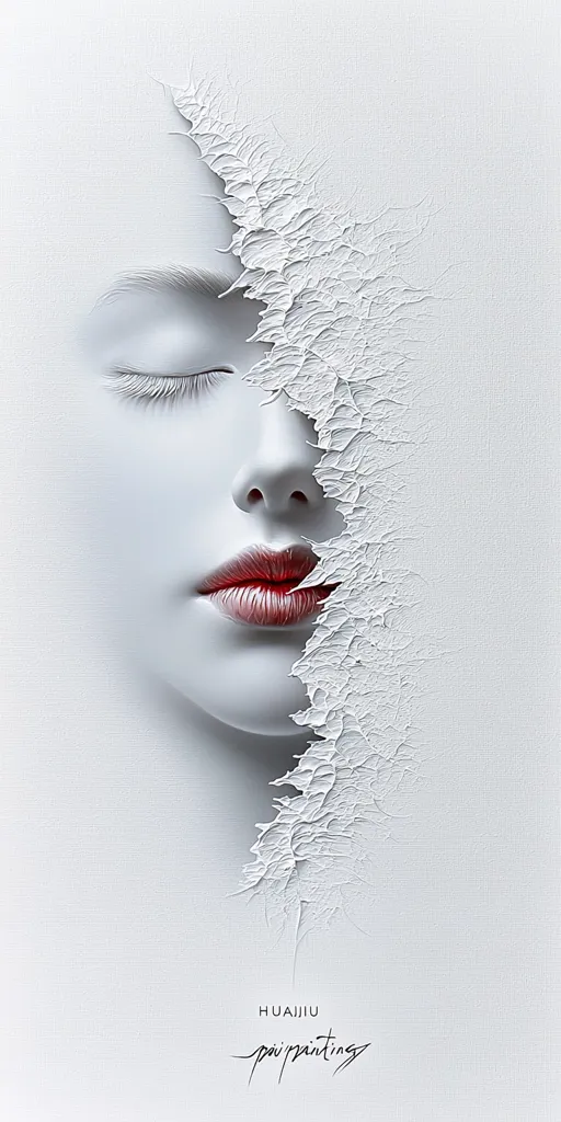 The image depicts a close-up of a woman's face, with her eyes closed and her lips slightly parted, as if she is sleeping. The face is rendered in white, with a textured, cracked surface that evokes a sense of fragility and vulnerability.  The white background emphasizes the delicate features of the face.  The artist's signature, "HUAIJIU paintings," is placed at the bottom of the image.