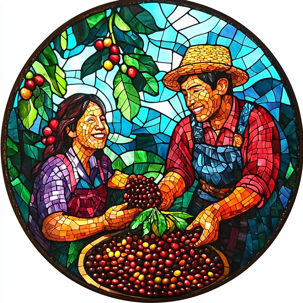 A stained glass artwork depicting a man and a woman harvesting coffee beans from a lush green coffee plant. The colorful mosaic pieces create a vibrant and intricate image, highlighting the beauty and labor involved in coffee production. The man holds a basket overflowing with coffee beans, while the woman smiles and gestures towards them. The scene is framed by a circular border, adding a sense of completeness and unity.  The image evokes a sense of community and the shared effort involved in cultivating this beloved beverage.