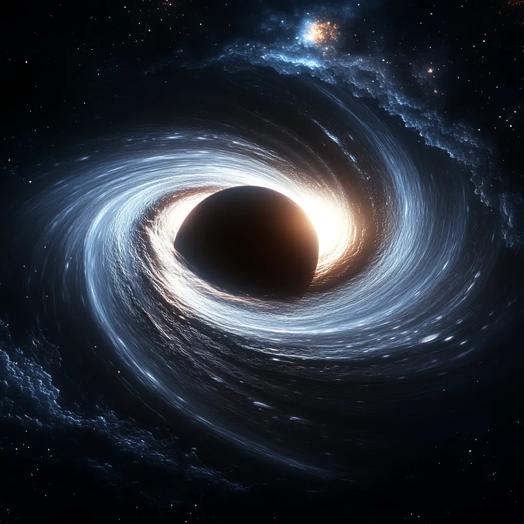 A black hole with a swirling accretion disk is pictured against a background of stars and nebulae. The accretion disk is glowing with a faint light, while the black hole itself is dark and mysterious. The image is a digital rendering, but it captures the awe-inspiring power and beauty of these cosmic objects.
