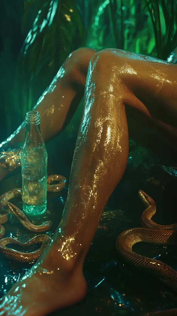 The image features a person's legs, covered in a glistening substance, possibly oil or water. The legs are positioned on a dark, wet surface, surrounded by lush green foliage. A glass bottle, filled with a clear liquid, rests near the legs, and a snake slithers across the scene. The overall effect is one of sensuality and mystery, with the glittering skin and the snake adding an element of danger. The image is shot in a low-light environment, with the green foliage and the person's skin illuminated by a mysterious glow.