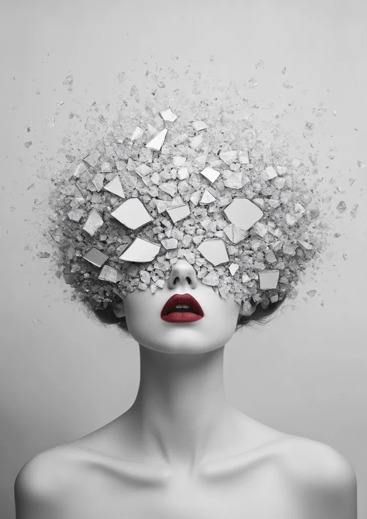 A woman's face is partially obscured by shards of mirror and a cloud of broken glass. Her red lips stand out against the monochrome background, creating a striking visual contrast. The image is abstract and suggestive of fragmented identity or shattered perceptions.