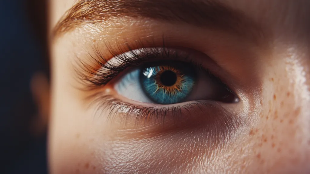 A close-up image of a person's blue eye, with a dark pupil and a ring of gold around the iris. The eye is looking directly at the camera with a slightly narrowed gaze. The eyelashes are long and thick, and there are freckles on the surrounding skin. The image is likely captured in natural lighting, enhancing the details of the eye and its surrounding area.  The focus is sharp on the eye, while the surrounding skin is slightly blurred.