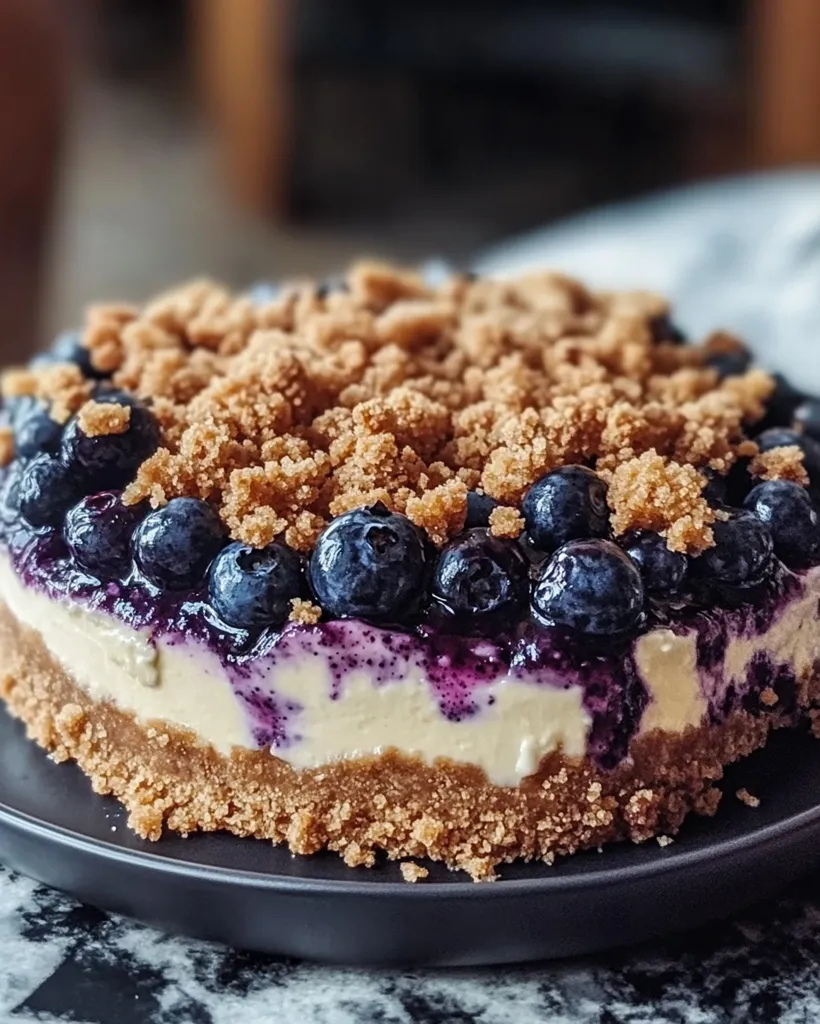 A blueberry cheesecake with a graham cracker crust. The cheesecake is topped with a layer of blueberries and a sprinkle of brown sugar crumble. The cheesecake is resting on a gray plate, with a blurred background.