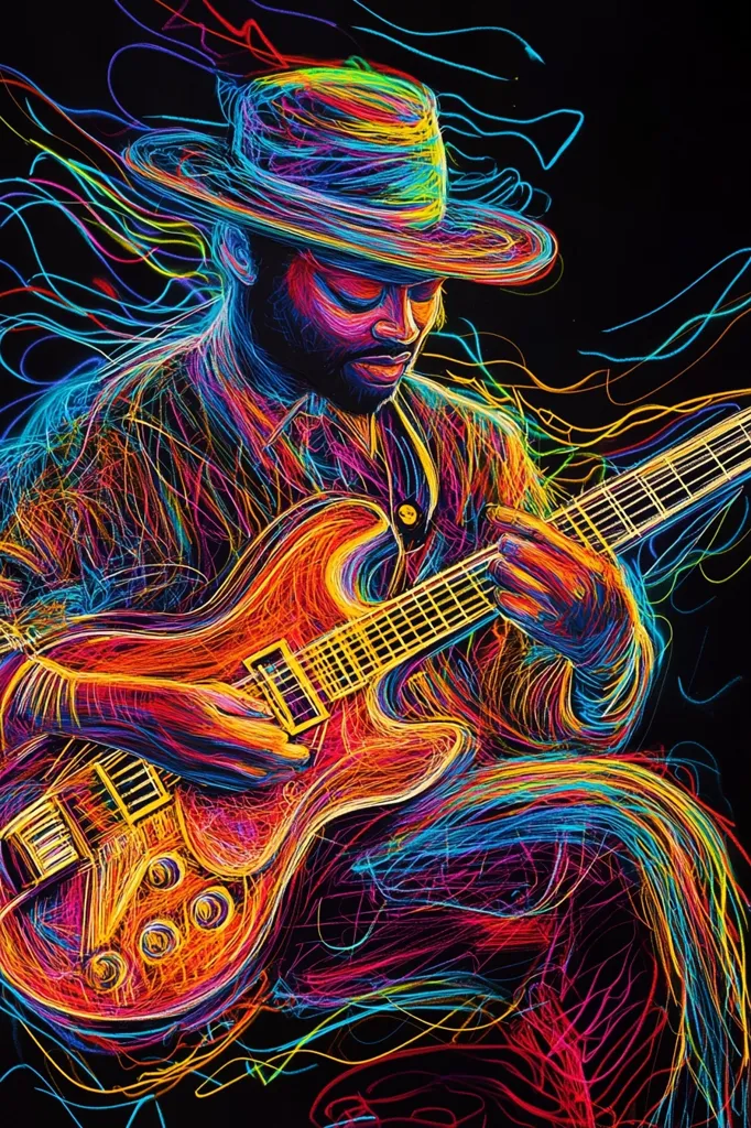 The image shows a musician playing a guitar, depicted in a vibrant, colorful, abstract style. The artist has used colorful lines and swirls to represent the musician, the guitar, and the surrounding atmosphere, creating a dynamic and energetic composition. The musician's face is partially obscured by their hat, adding a sense of mystery to the image. The overall effect is one of intense creativity and passion for music.
