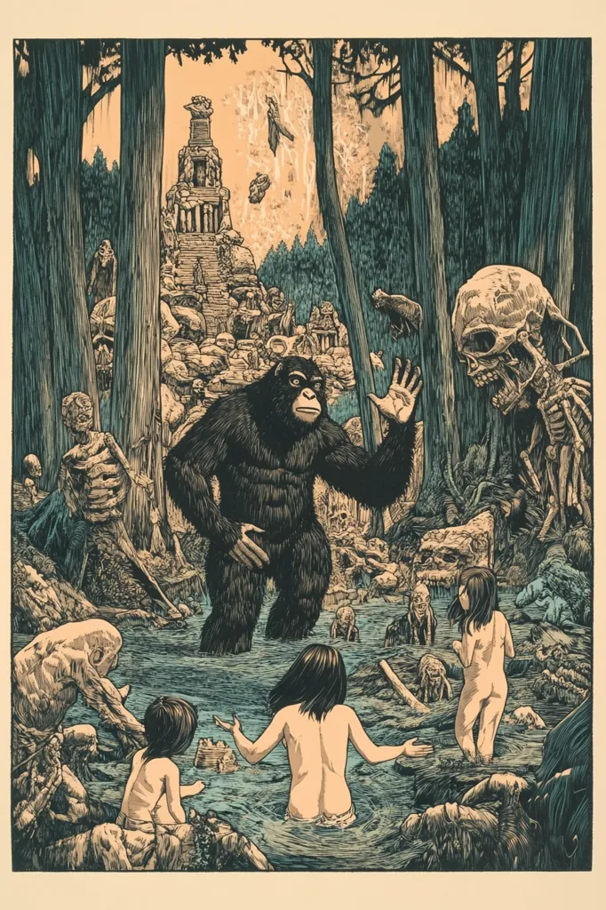 The image is a detailed and stylized depiction of a jungle scene. A large, hairy ape stands in a river, facing a group of naked figures. There is a skeletal creature to the right, and a ruined temple in the background. The overall tone is dark and mystical, with a sense of danger and mystery.