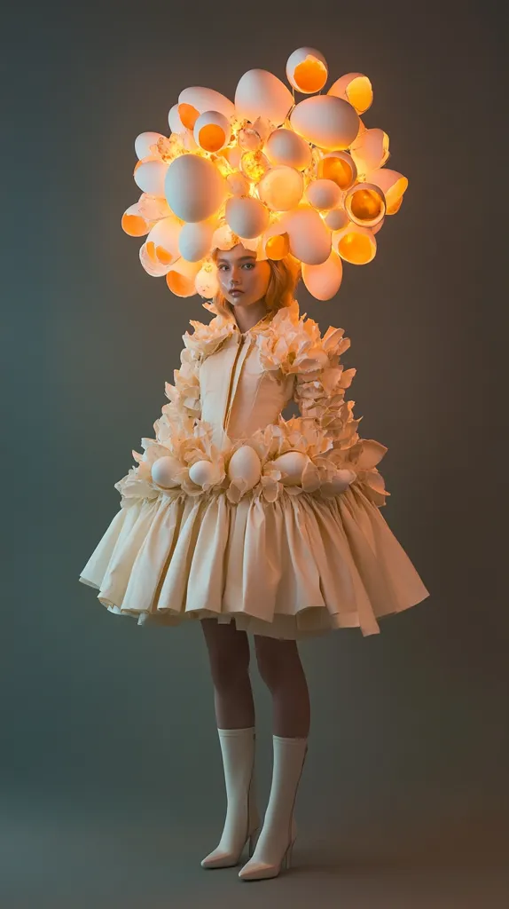 A young woman wears a white dress decorated with white, puffy, egg-shaped details. Her hair is styled with a large, intricate headdress made of white, glowing eggs, adding a surreal and whimsical touch to the overall image. The soft lighting creates a dreamy and ethereal atmosphere, highlighting the delicate details of the outfit and the model's graceful pose.  She stands against a muted grey-green backdrop, which complements the light and airy elements of the dress and headdress.  The white boots she wears complete the monochrome look.