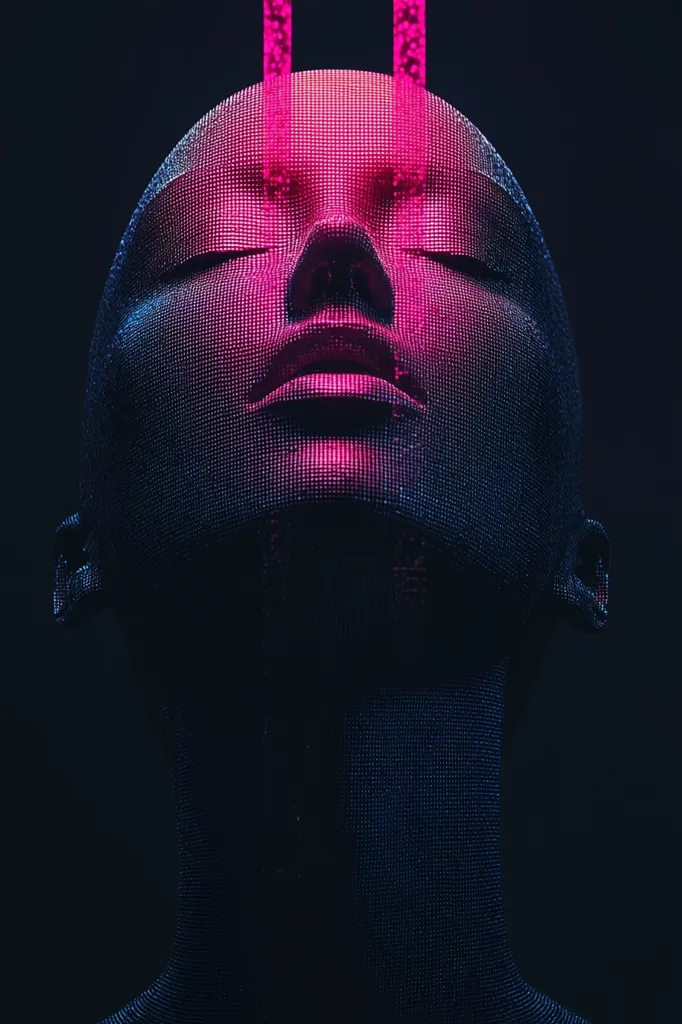 A close-up shot of a human face rendered in a digital, pixelated style. The face is tilted back, eyes closed, and illuminated with a bright pink glow. The background is dark, creating a stark contrast with the brightly lit face. The image suggests themes of technology, digital art, and the future.