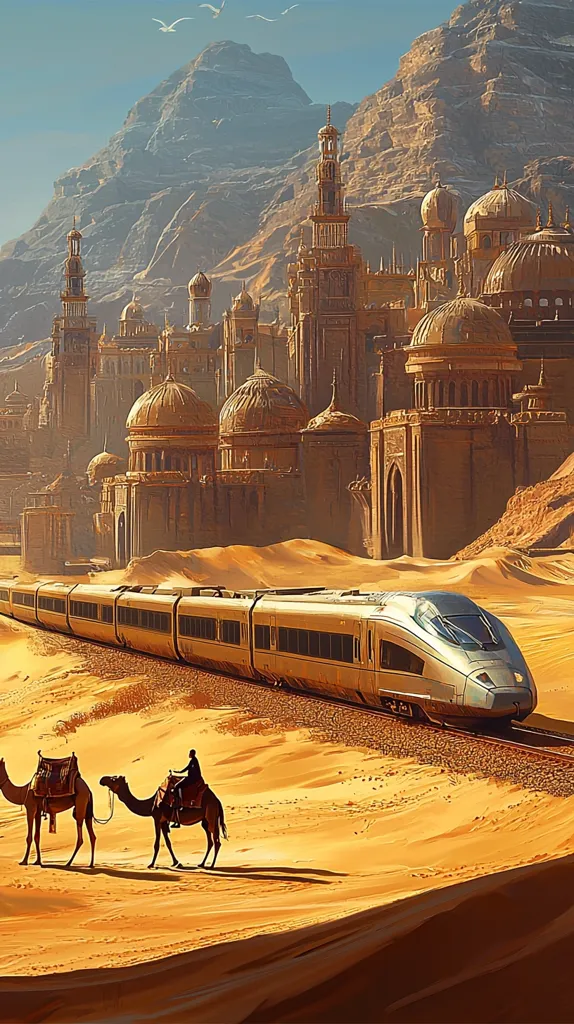A long, sleek, silver train speeds through a desert landscape.  The train is in the foreground, with a large, golden city in the background, built into the side of a rocky mountain. Two camels with riders walk in the sand to the left of the train.  The sky is clear and blue.