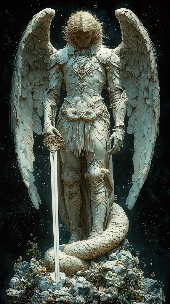 A statue of a winged angel, clad in ornate armor and wielding a sword, stands triumphantly over a serpent. The angel's face is stoic, and the serpent is depicted as defeated, its coils wrapped around the angel's legs. The statue is crafted in a detailed, realistic style, with intricate textures and a sense of movement. The background is a dark, starry night, emphasizing the contrast between the angel's light and the serpent's darkness.  The overall composition suggests a battle between good and evil, with the angel emerging victorious.
