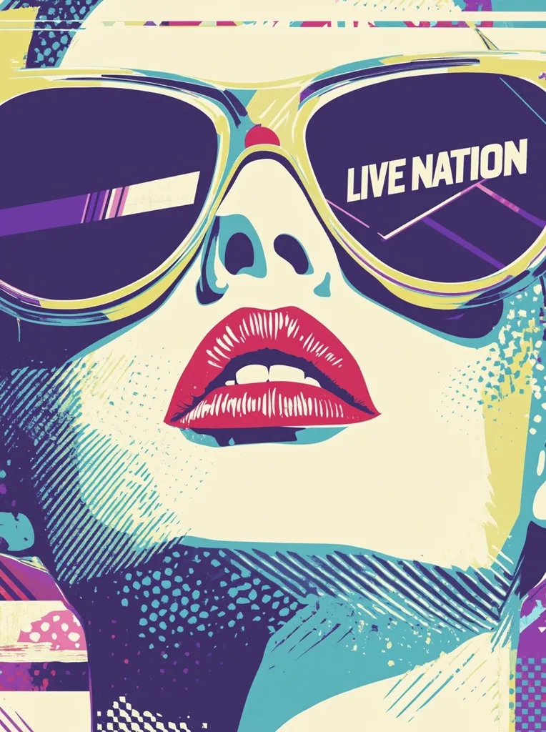 The image is a close-up of a woman's face, rendered in a colorful, graphic style. The woman is wearing large, yellow sunglasses with a blue and purple reflection. Her mouth is open and she is wearing bright red lipstick. The background is a combination of abstract lines, dots, and patterns in blues, purples, and pinks. The text "LIVE NATION" is visible in the reflection of her sunglasses. The overall style of the image is bold and energetic, with a pop art feel.