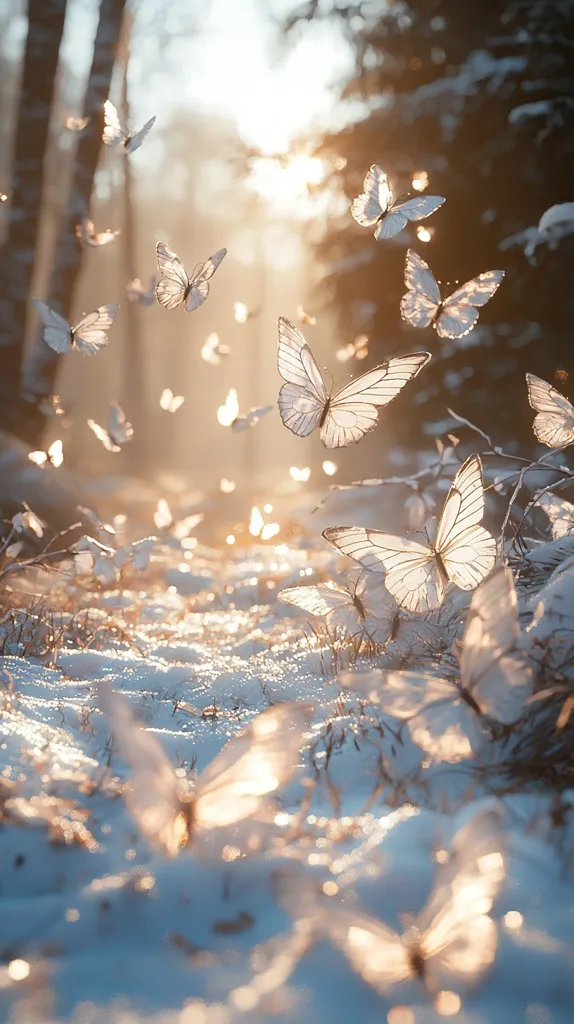 The image shows a magical winter scene with a flurry of white butterflies dancing in a sun-drenched forest. The butterflies are delicately framed by a backdrop of snow-covered branches and a glowing, hazy light. The scene is ethereal and enchanting, with a sense of wonder and peacefulness. The composition is focused on the butterflies, creating a mesmerizing display of nature's delicate beauty.