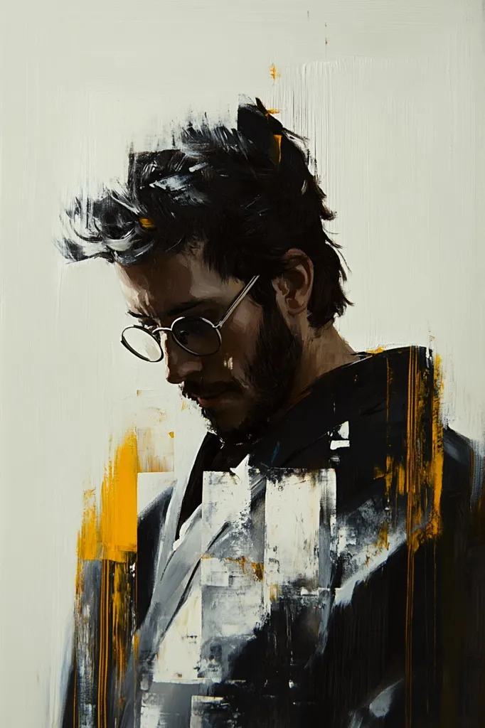 The painting features a close-up portrait of a man with dark hair and a beard. He is wearing glasses and is looking down, giving the impression of contemplation. The background is a mix of abstract brushstrokes in shades of white, black, and yellow. The use of bold colors and textures creates a dramatic and evocative atmosphere. The overall impression is one of introspective thought and a sense of mystery.