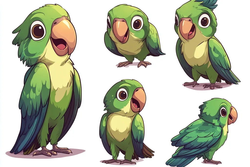 The image shows five cartoon green parrots in different poses. One parrot is standing with its wings spread, two are sitting, one is looking up and one is looking down. The parrots have large eyes and beaks, and they are all smiling. The background is white.
