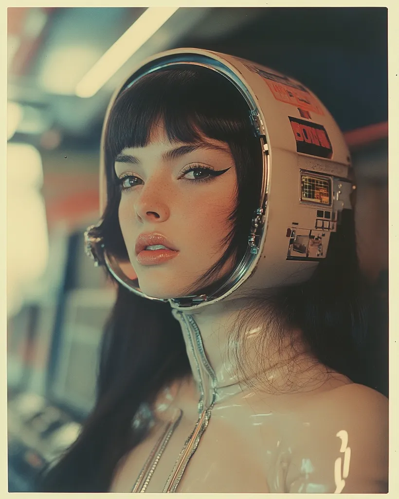 The image shows a woman with dark hair wearing a futuristic helmet, possibly a space helmet, or a futuristic, glossy outfit. Her face is visible, with sharp, black eyeliner and a neutral expression. The photo has a retro, grainy, vintage, and futuristic aesthetic, with colors being muted, yet vibrant. The photo seems to be taken in a studio or a similar space, possibly a spaceship.  The photo appears to be a part of a photoshoot for a magazine or a promotional campaign. The overall tone is mysterious, futuristic, and possibly edgy.