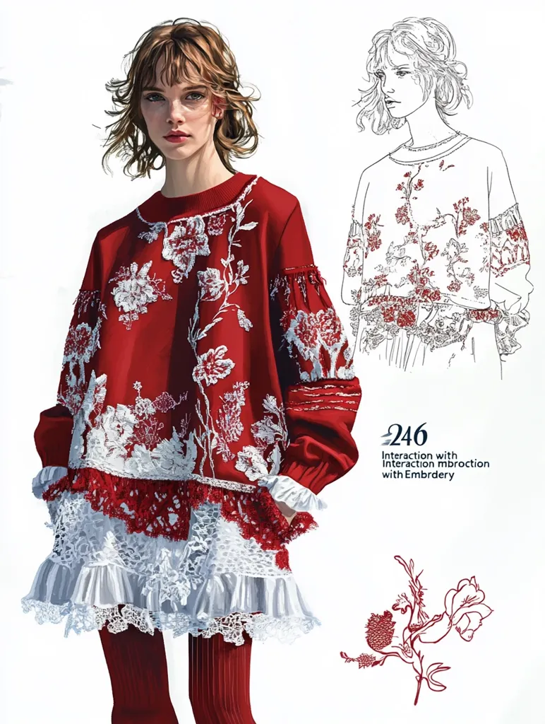 A fashion illustration of a woman wearing a red sweater with white floral embroidery and a white lace skirt. The illustration is accompanied by a line drawing of the same woman, emphasizing the intricate embroidery details. The text "Interaction with Interaction mbroction with Embroidery" suggests a focus on the unique combination of elements in the design.  The illustration is set against a plain white background.