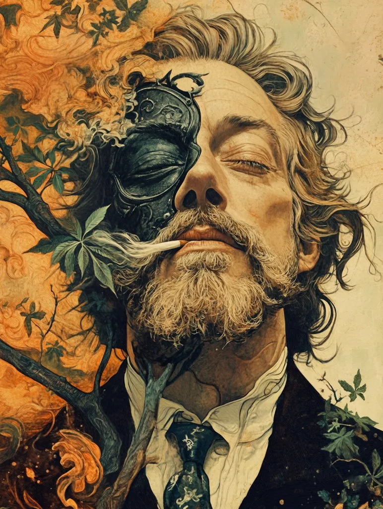 A man with long, wavy hair and a beard is depicted in a painting. His face is partly covered by a dark, intricate mask with a metallic sheen. The man has a thoughtful expression, with his eyes closed and a cigarette resting between his lips. He is dressed in a suit and tie, and a tree branch emerges from his neck and wraps around his head. The background is a blur of warm orange and brown hues, with the suggestion of smoke and foliage. The painting evokes a sense of mystery and contemplation, blurring the lines between nature and technology.