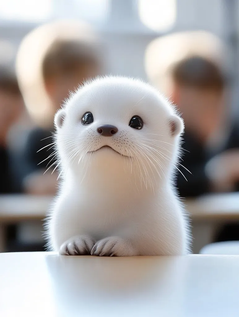 A fluffy white otter pup sits on a table, with its paws resting on the surface. Its big, dark eyes gaze upward, giving it an innocent and curious expression. The background is blurred, focusing attention on the otter's adorable features. The image captures the animal's soft fur and delicate features, creating a heartwarming and endearing scene.
