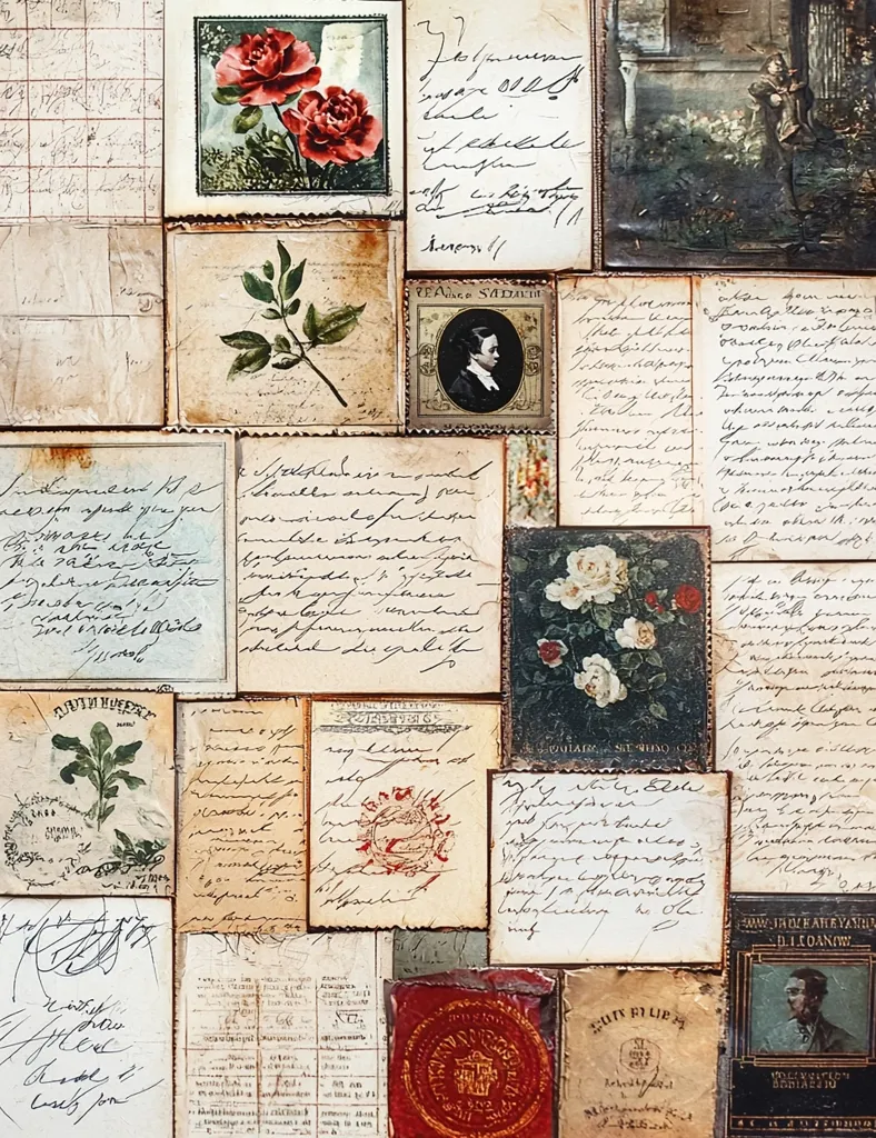 The image shows a collage of vintage paper ephemera, including handwritten letters, postcards, stamps, and other ephemera. The collage is arranged in a haphazard fashion, giving the impression of a scrapbook or a collection of memories. There are images of roses, a woman, and a man in the collage, alluding to the themes of beauty, time, and history. The paper is aged and worn, adding to the nostalgic feel of the image.